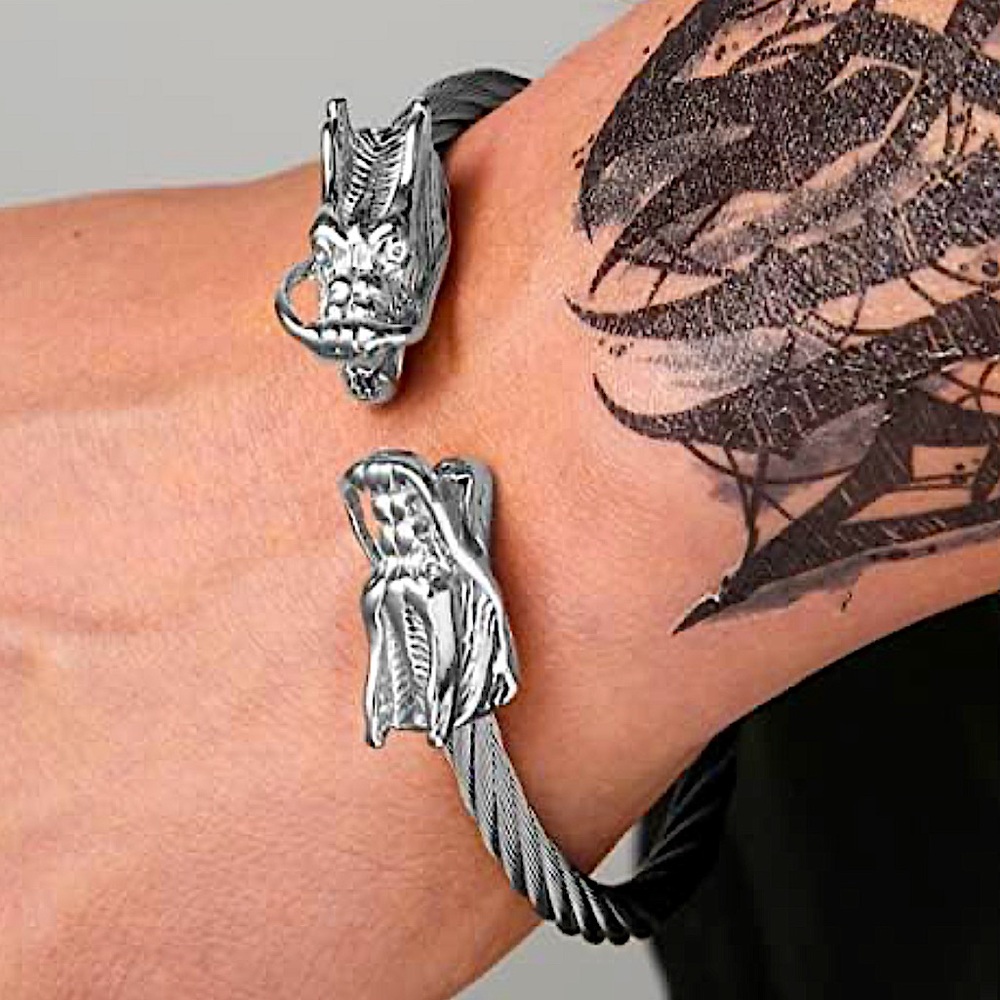 Silver Double Headed Dragon Twisted Bangle Cuff Unisex Bangle Bracelet